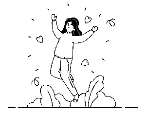 Woman with dark hair throws her arms up with hearts all around her and about to step forward with a smile on her face